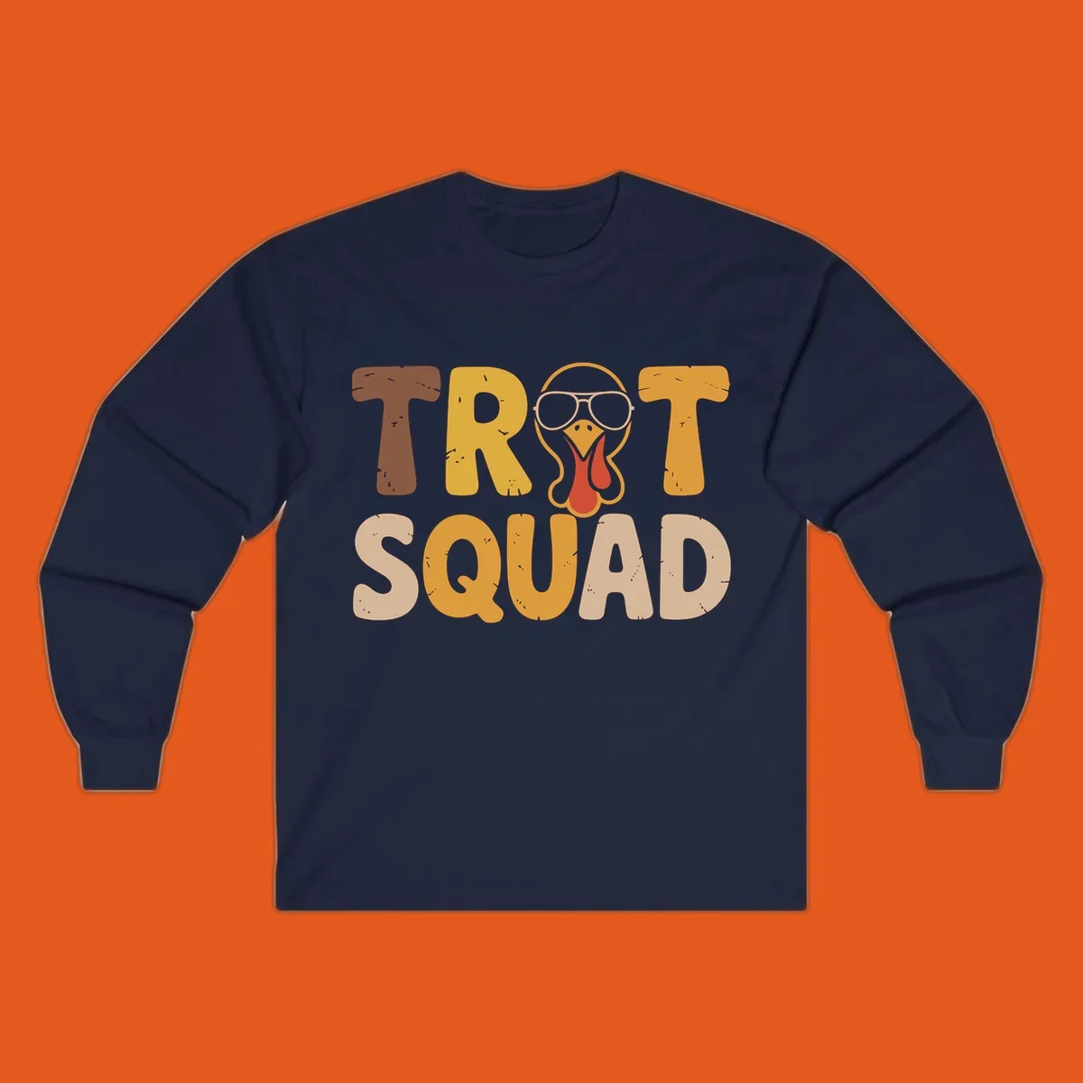 Text 'TROT SQUAD' with a cartoon turkey wearing sunglasses, for turkey trot runners.