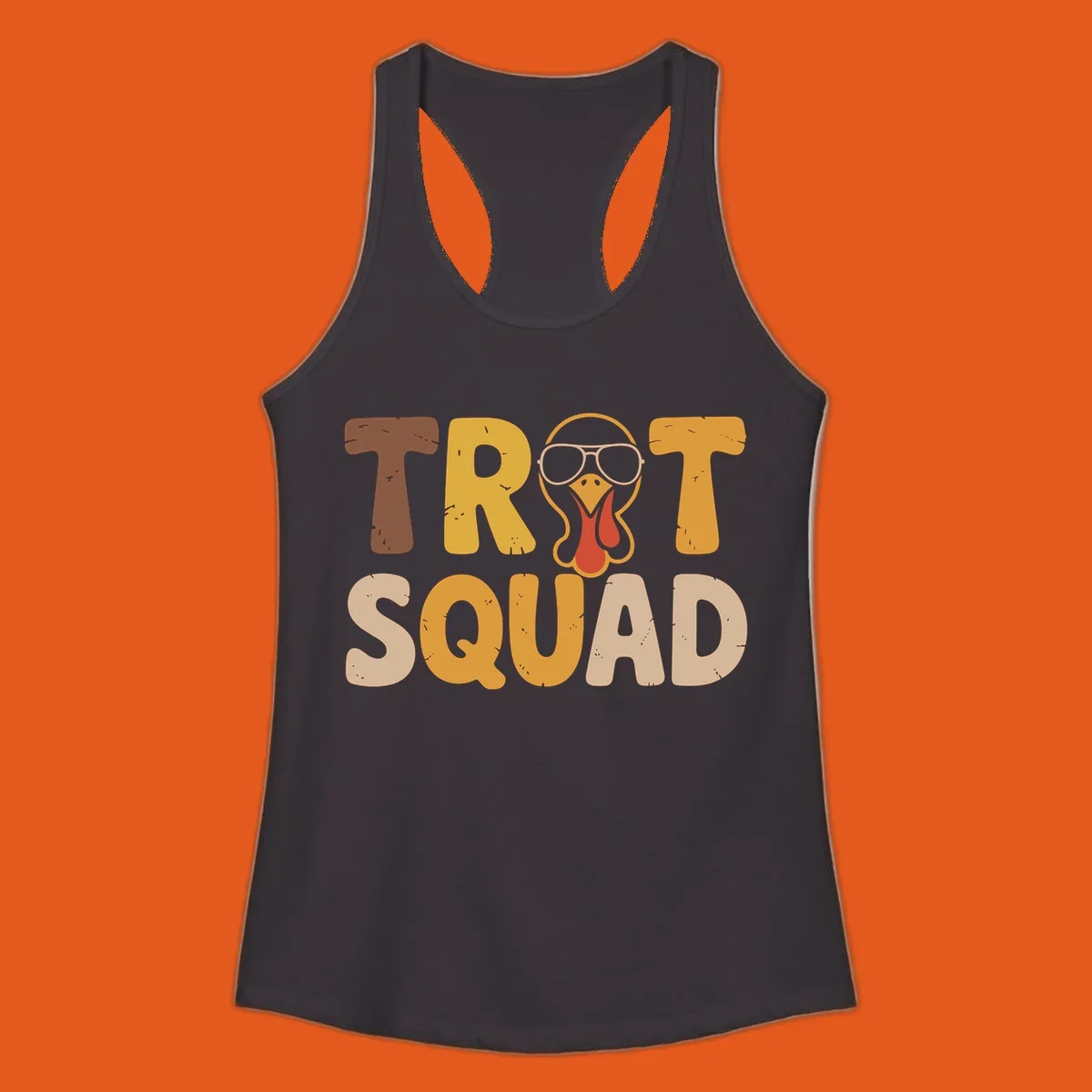 Text 'TROT SQUAD' with a cartoon turkey wearing sunglasses, for turkey trot runners.