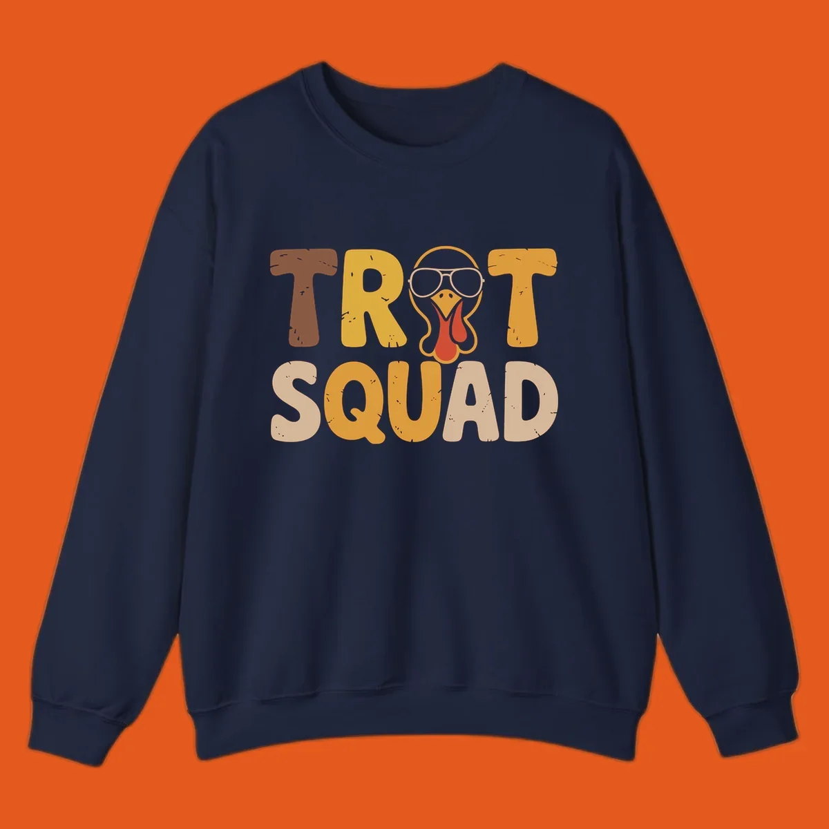Text 'TROT SQUAD' with a cartoon turkey wearing sunglasses, for turkey trot runners.