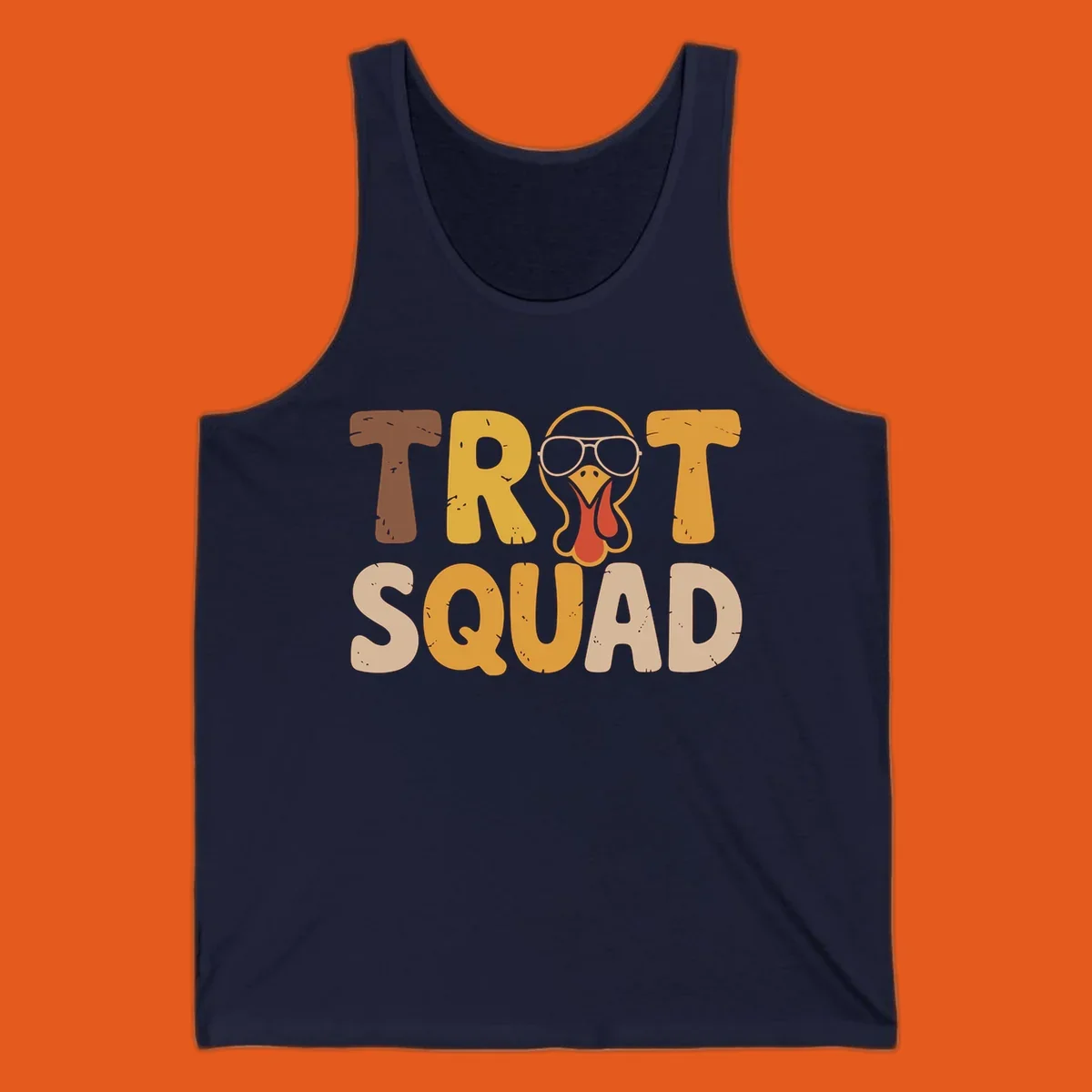 Text 'TROT SQUAD' with a cartoon turkey wearing sunglasses, for turkey trot runners.