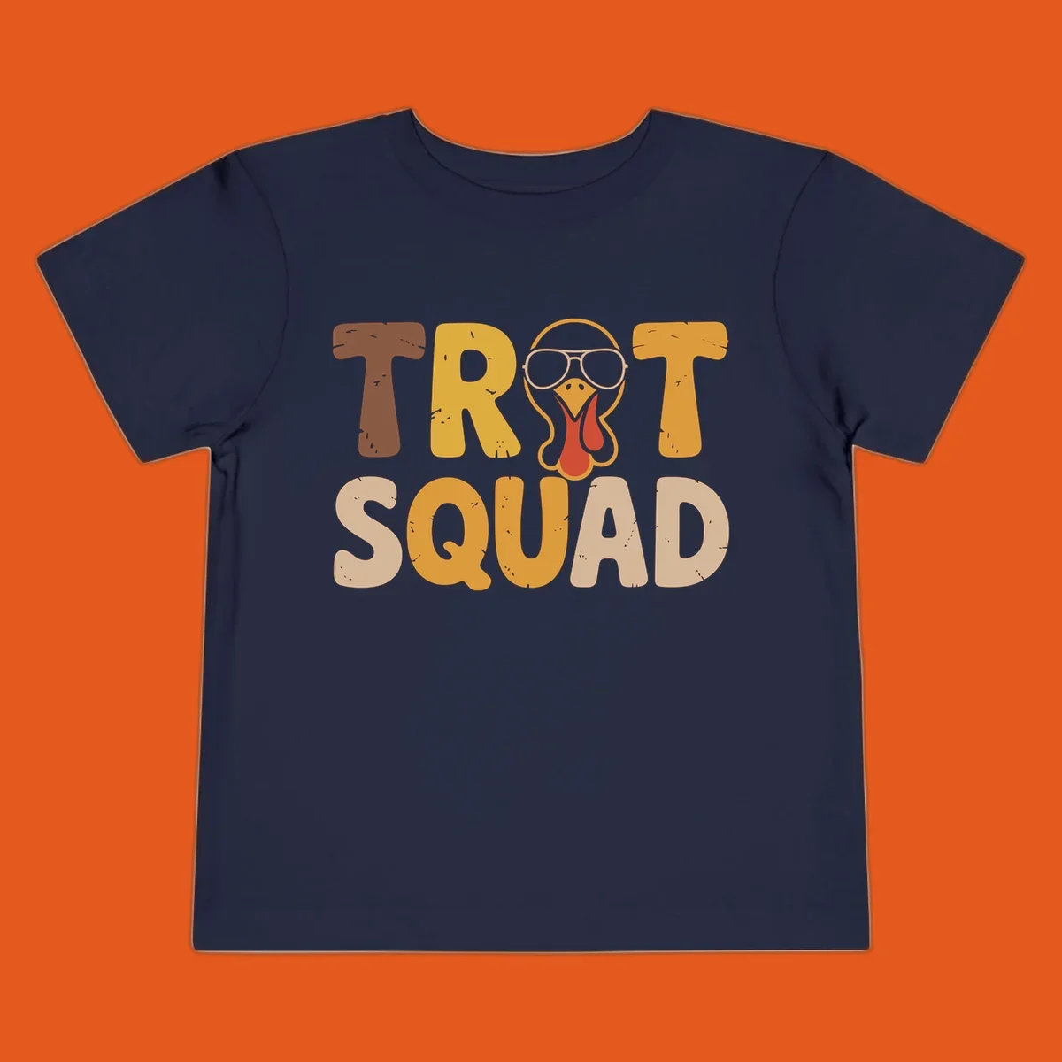 Text 'TROT SQUAD' with a cartoon turkey wearing sunglasses, for turkey trot runners.
