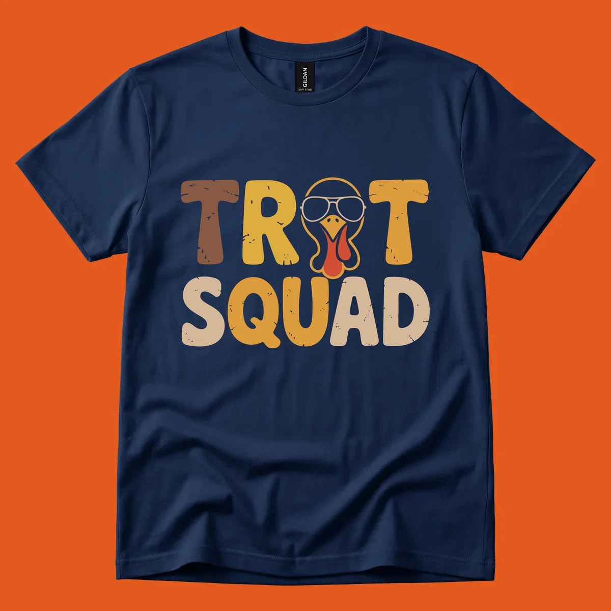 Text 'TROT SQUAD' with a cartoon turkey wearing sunglasses, for turkey trot runners.