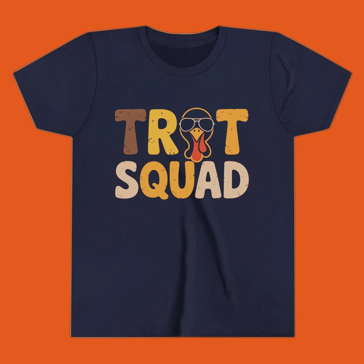 Text 'TROT SQUAD' with a cartoon turkey wearing sunglasses, for turkey trot runners.