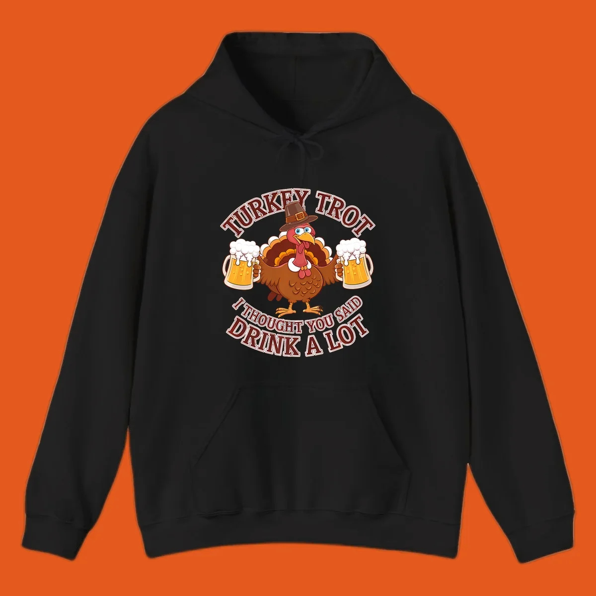 Turkey Trot runner design with a cartoon turkey holding beer mugs and funny text.