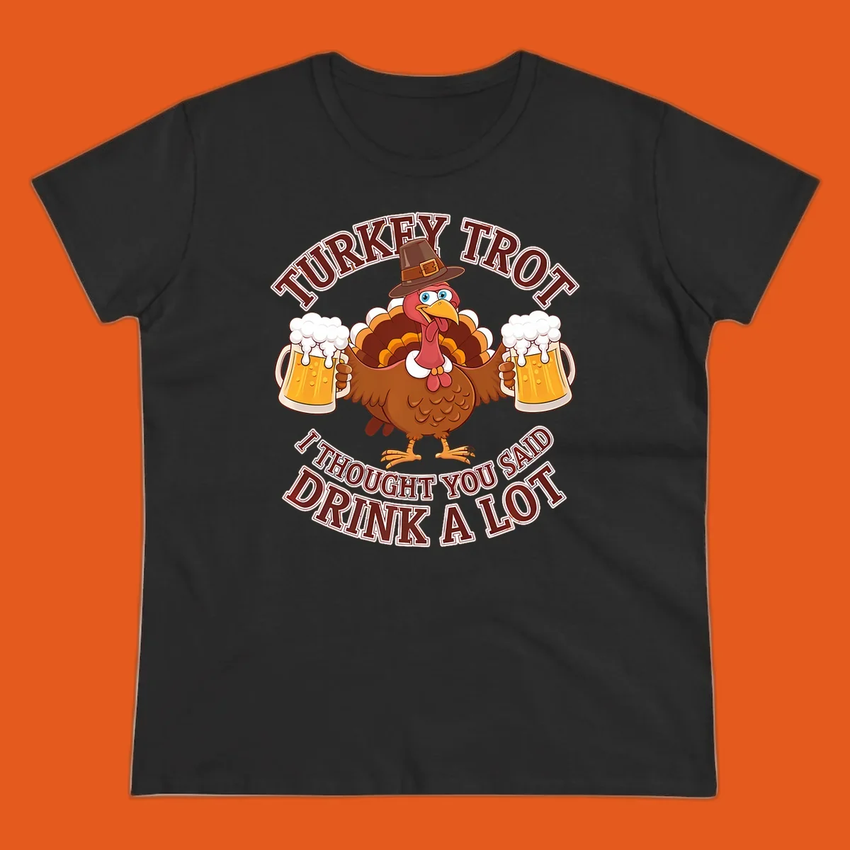 Turkey Trot runner design with a cartoon turkey holding beer mugs and funny text.