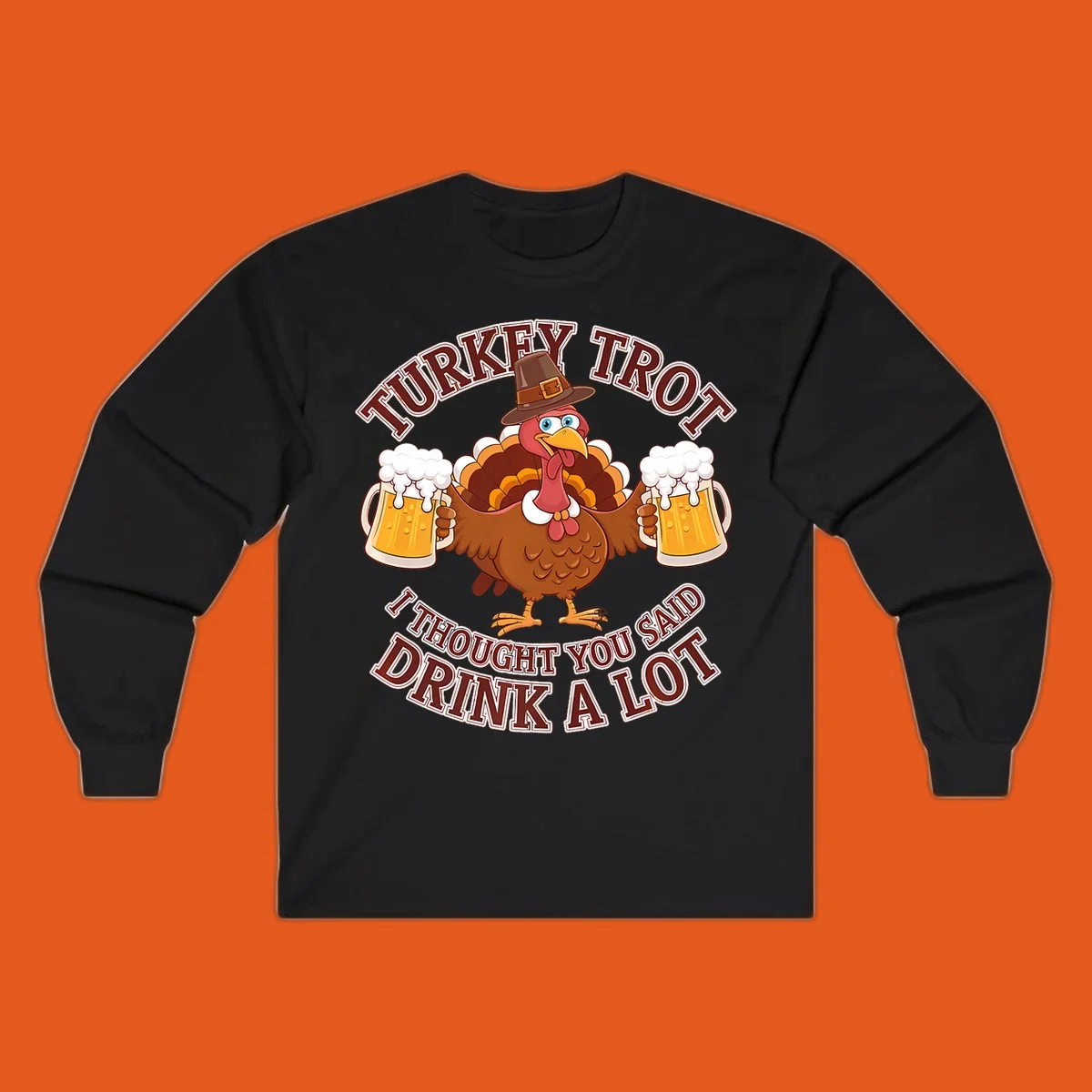 Turkey Trot runner design with a cartoon turkey holding beer mugs and funny text.