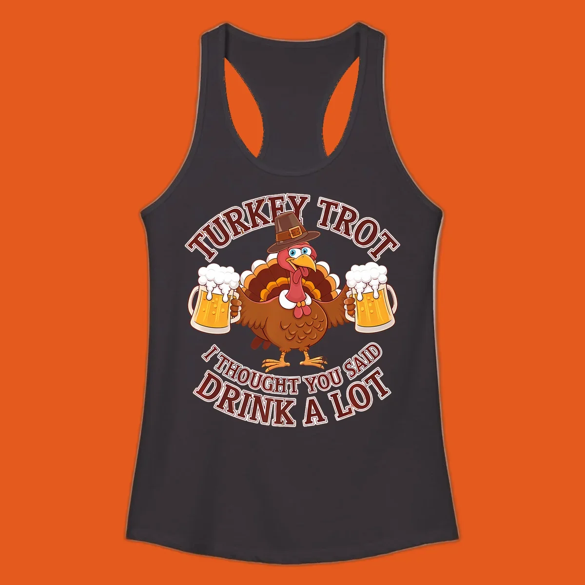 Turkey Trot runner design with a cartoon turkey holding beer mugs and funny text.