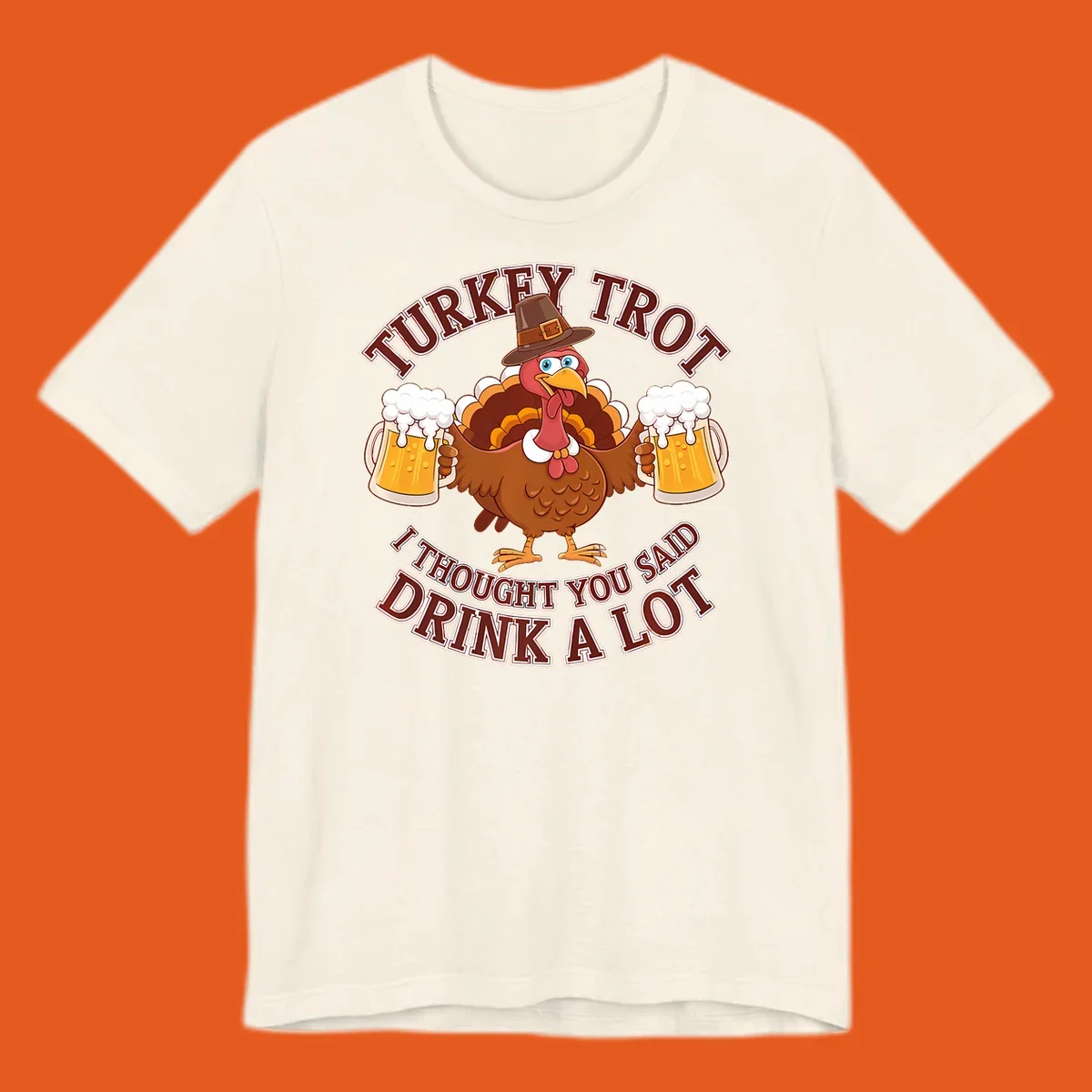 Turkey Trot runner design with a cartoon turkey holding beer mugs and funny text.