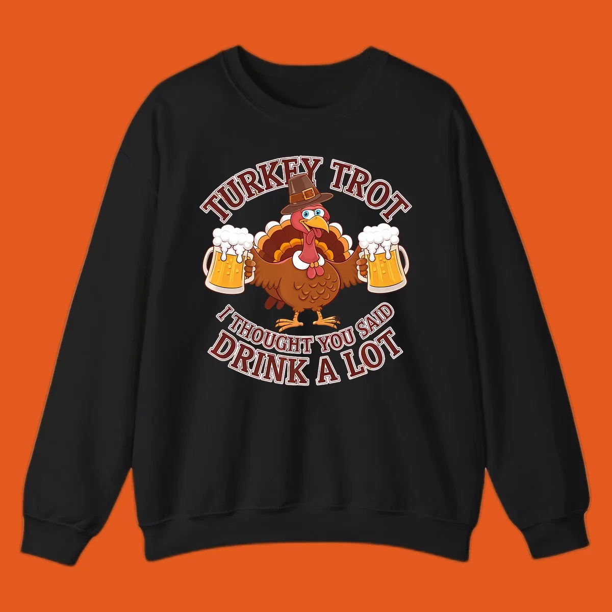 Turkey Trot runner design with a cartoon turkey holding beer mugs and funny text.