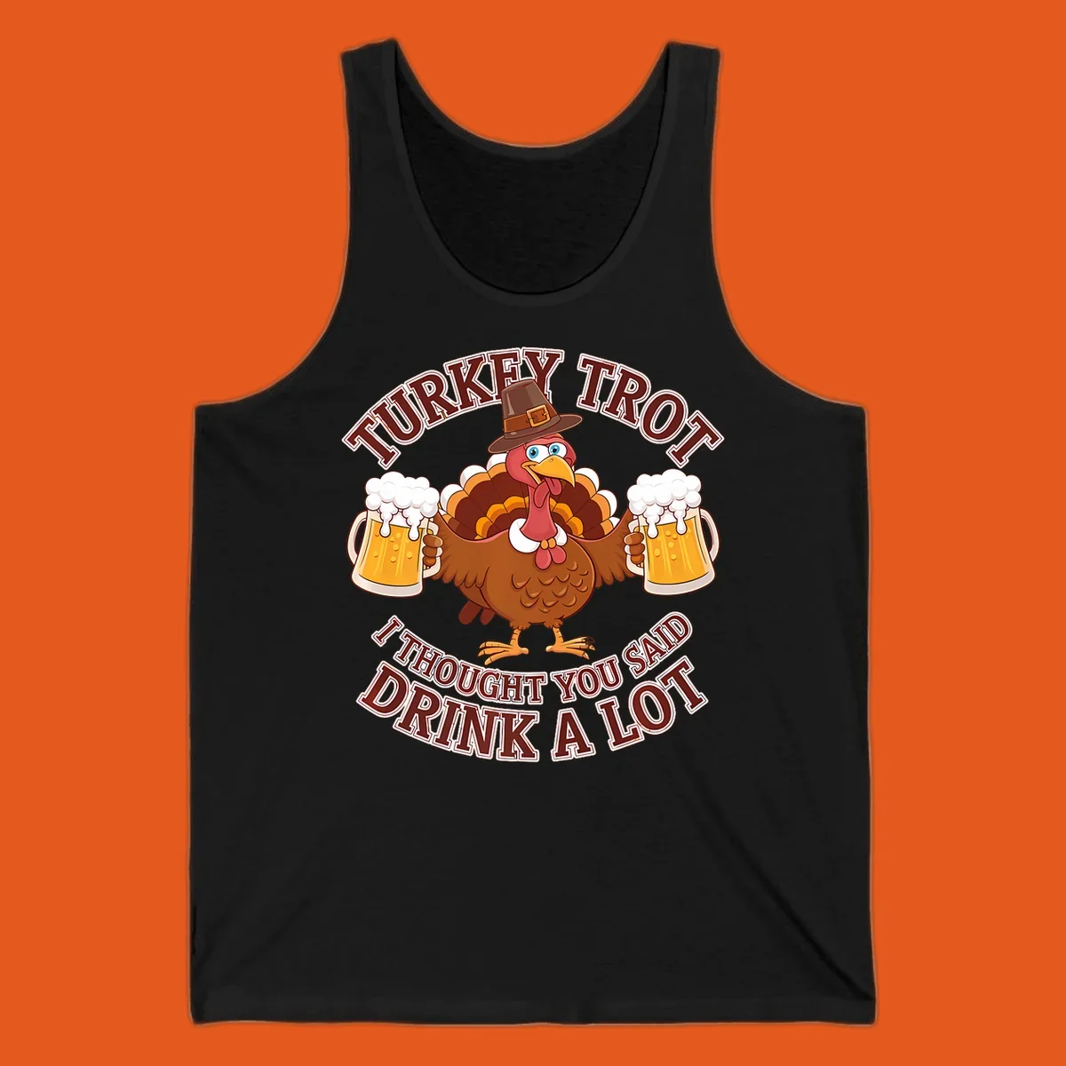 Turkey Trot runner design with a cartoon turkey holding beer mugs and funny text.