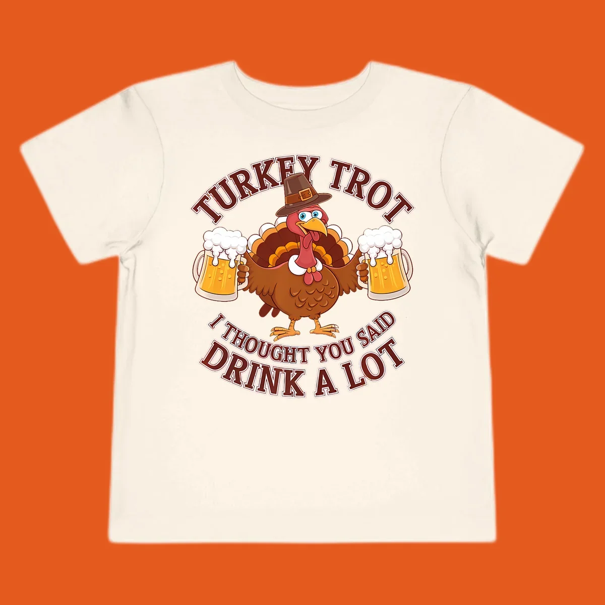 Turkey Trot runner design with a cartoon turkey holding beer mugs and funny text.