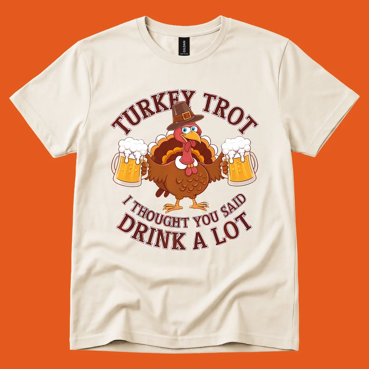 Turkey Trot runner design with a cartoon turkey holding beer mugs and funny text.