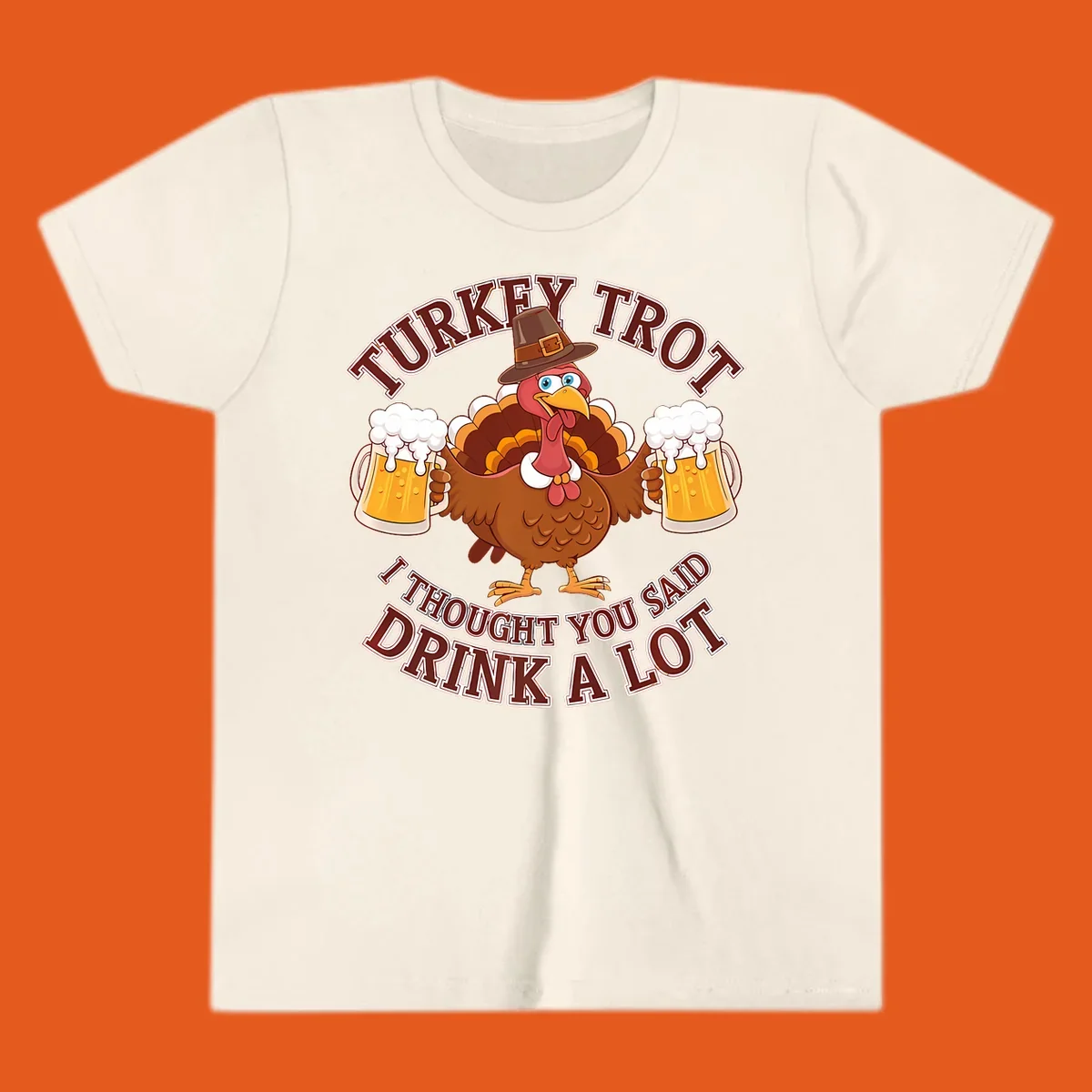 Turkey Trot runner design with a cartoon turkey holding beer mugs and funny text.