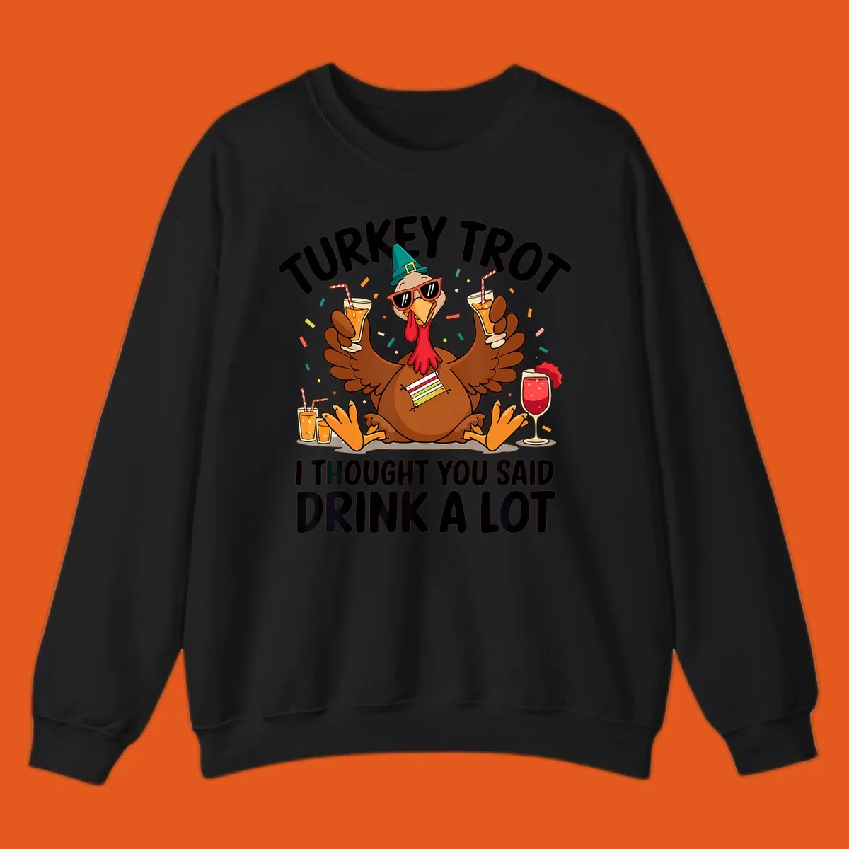 Turkey Trot Drink A Lot Thanksgiving illustration of a partying turkey with drinks and confetti.