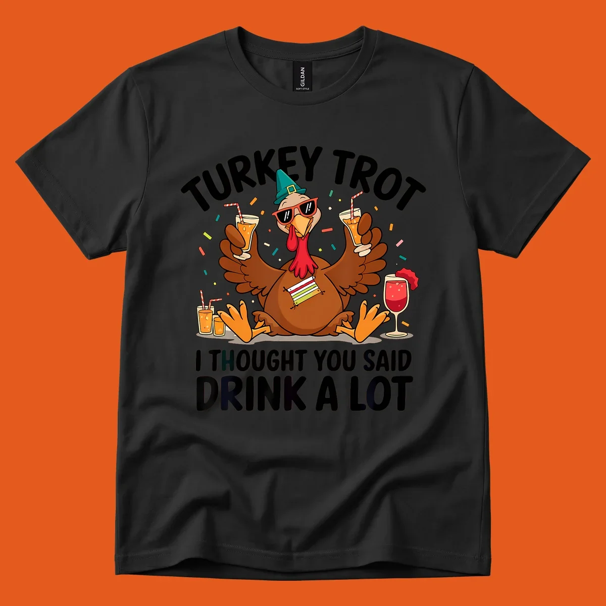 Turkey Trot Drink A Lot Thanksgiving illustration of a partying turkey with drinks and confetti.