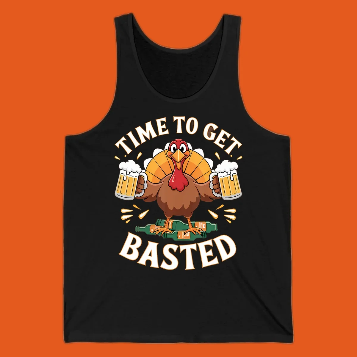 Funny turkey holding beer mugs, with text 'Time to Get Basted'.