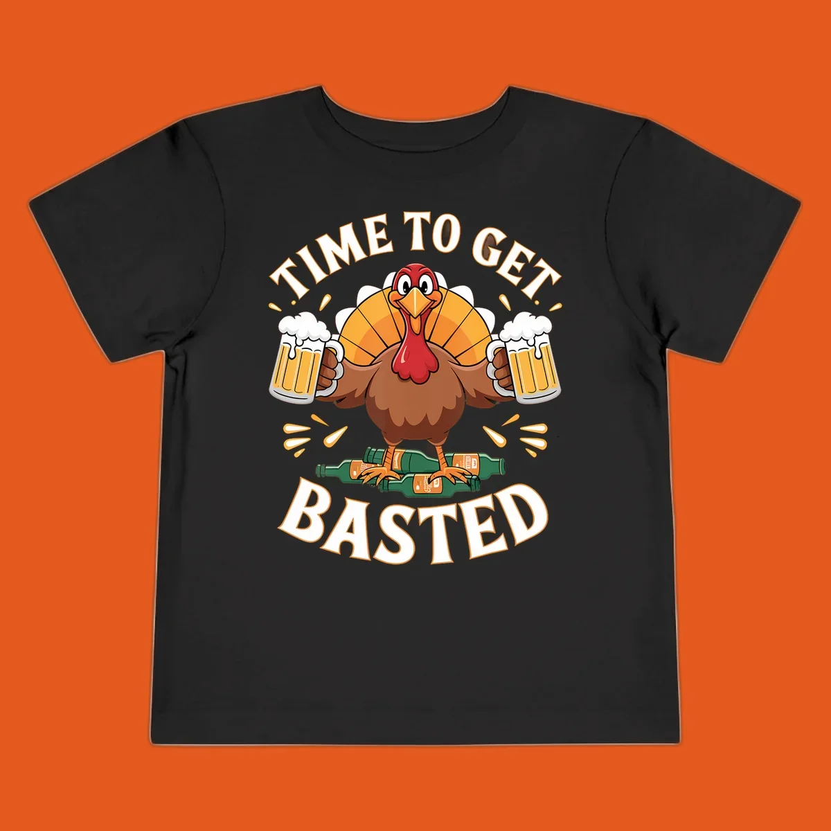 Funny turkey holding beer mugs, with text 'Time to Get Basted'.