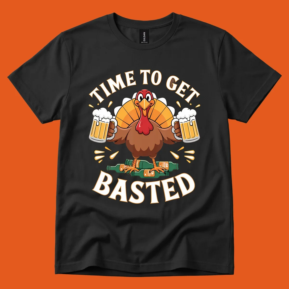 Funny turkey holding beer mugs, with text 'Time to Get Basted'.