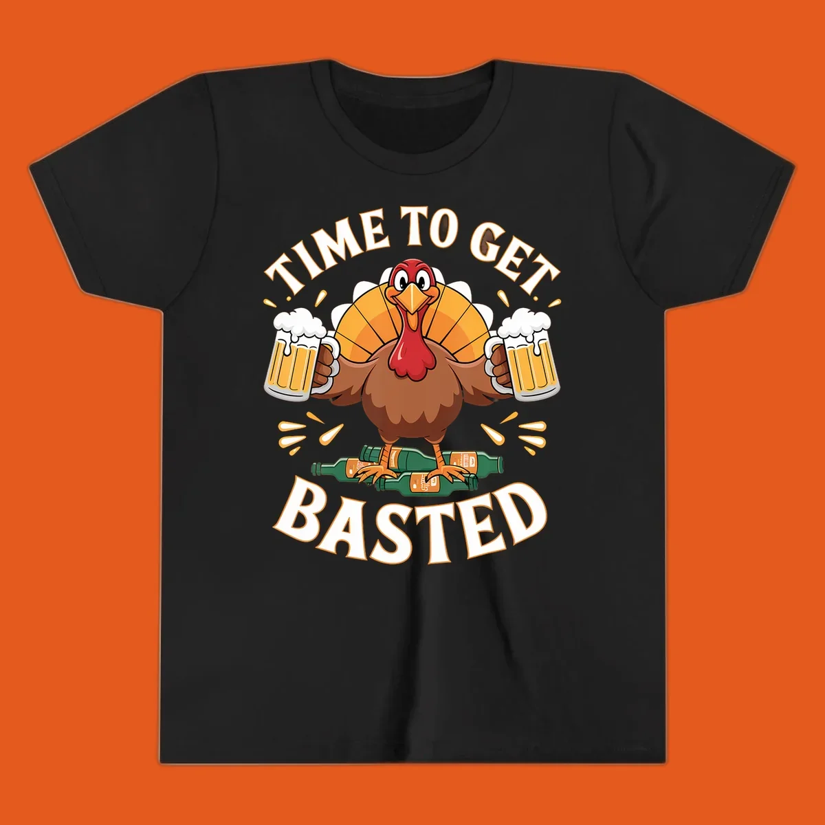 Funny turkey holding beer mugs, with text 'Time to Get Basted'.