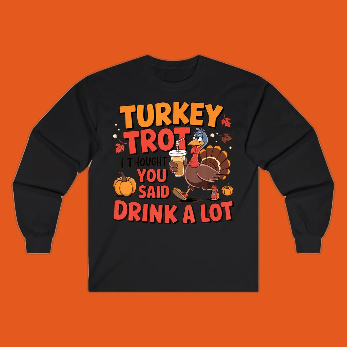 Illustration for Turkey Trot Drink A Lot. A cartoon turkey holds a drink.
