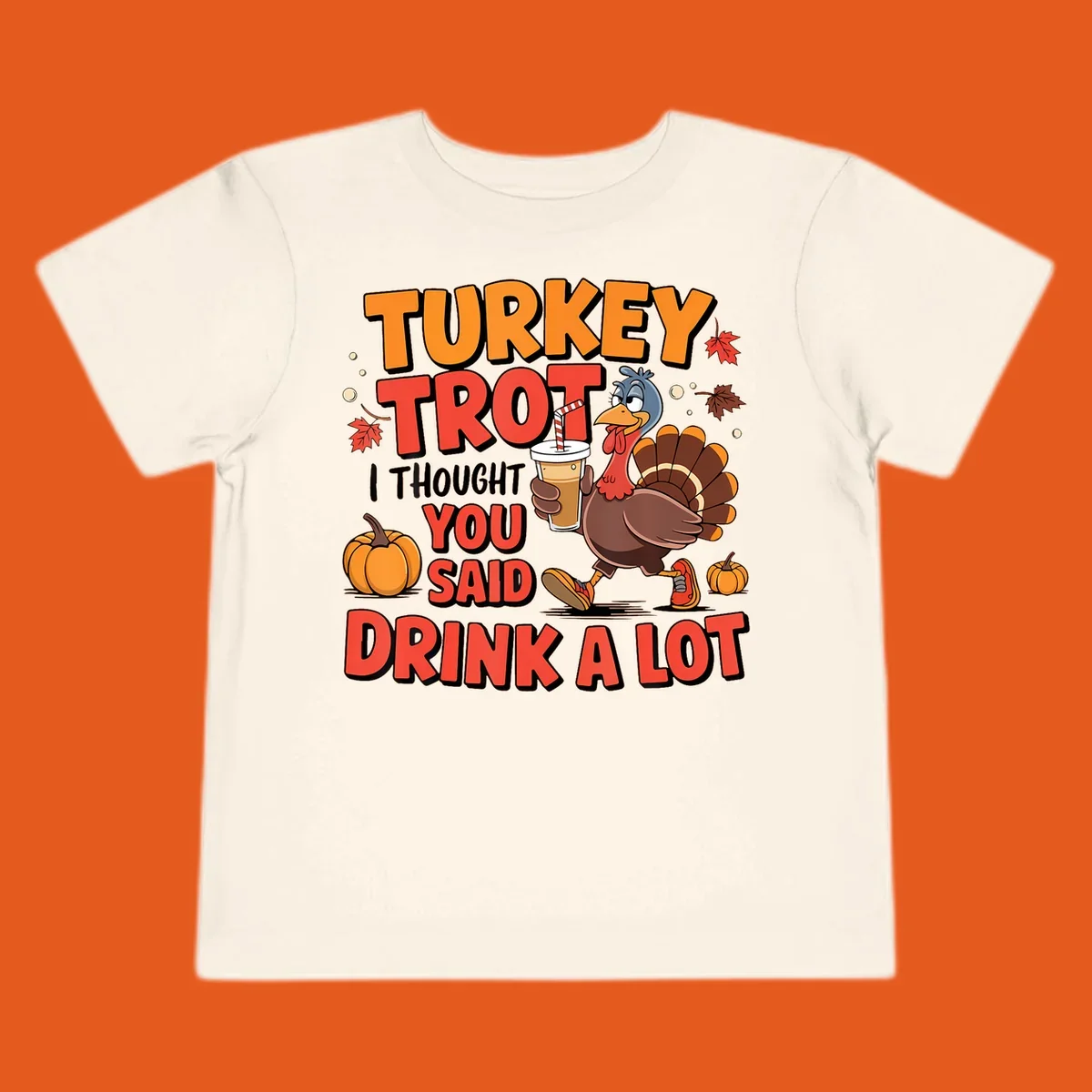 Illustration for Turkey Trot Drink A Lot. A cartoon turkey holds a drink.