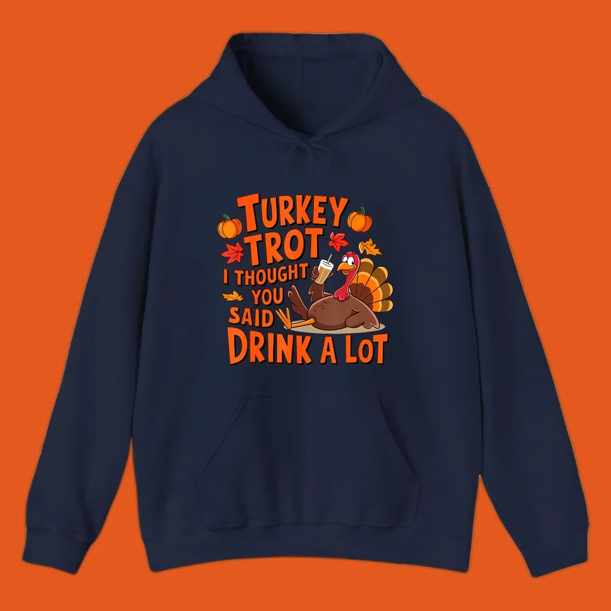Turkey Trot I Thought You Said Drink A Lot runner design with cartoon turkey and pumpkins.