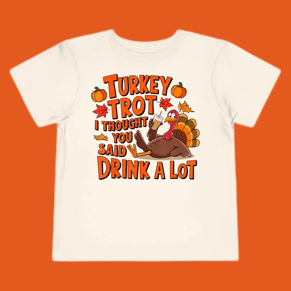 Turkey Trot I Thought You Said Drink A Lot runner design with cartoon turkey and pumpkins.