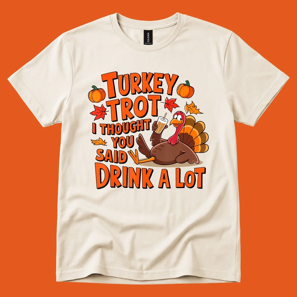 Turkey Trot I Thought You Said Drink A Lot runner design with cartoon turkey and pumpkins.