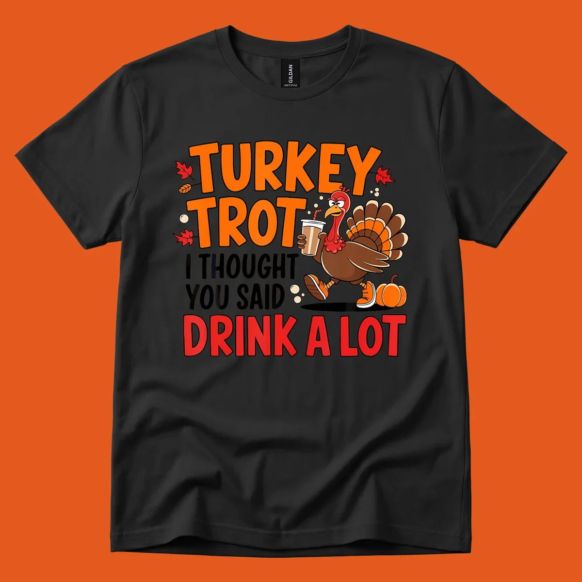 Turkey Trot Drink A Lot funny running Thanksgiving shirt with a turkey holding coffee.