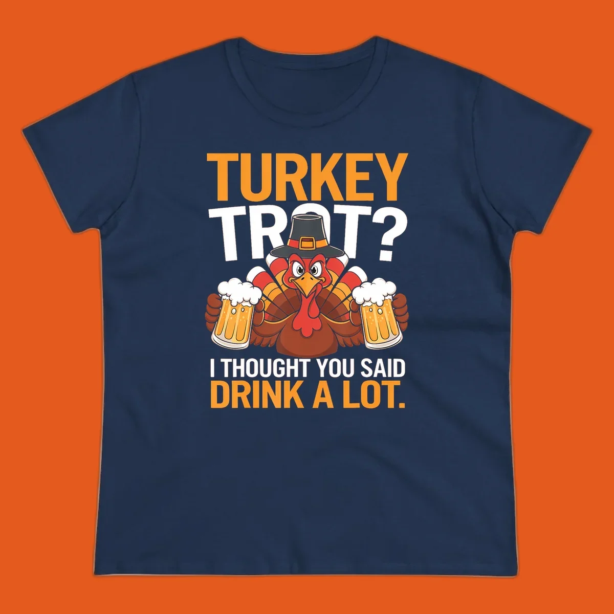Funny turkey trot beer drinking thanksgiving shirt with a cartoon turkey holding beer.