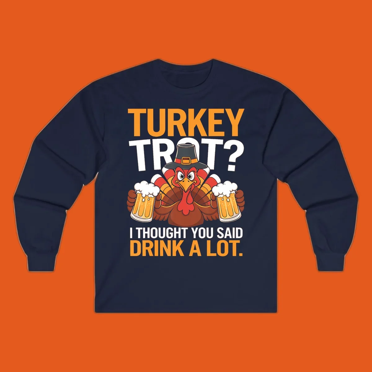 Funny turkey trot beer drinking thanksgiving shirt with a cartoon turkey holding beer.