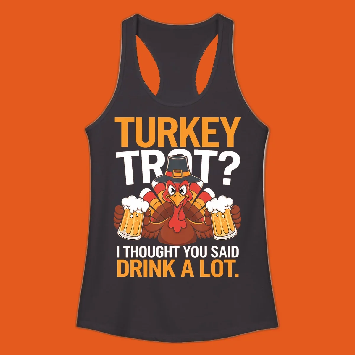 Funny turkey trot beer drinking thanksgiving shirt with a cartoon turkey holding beer.