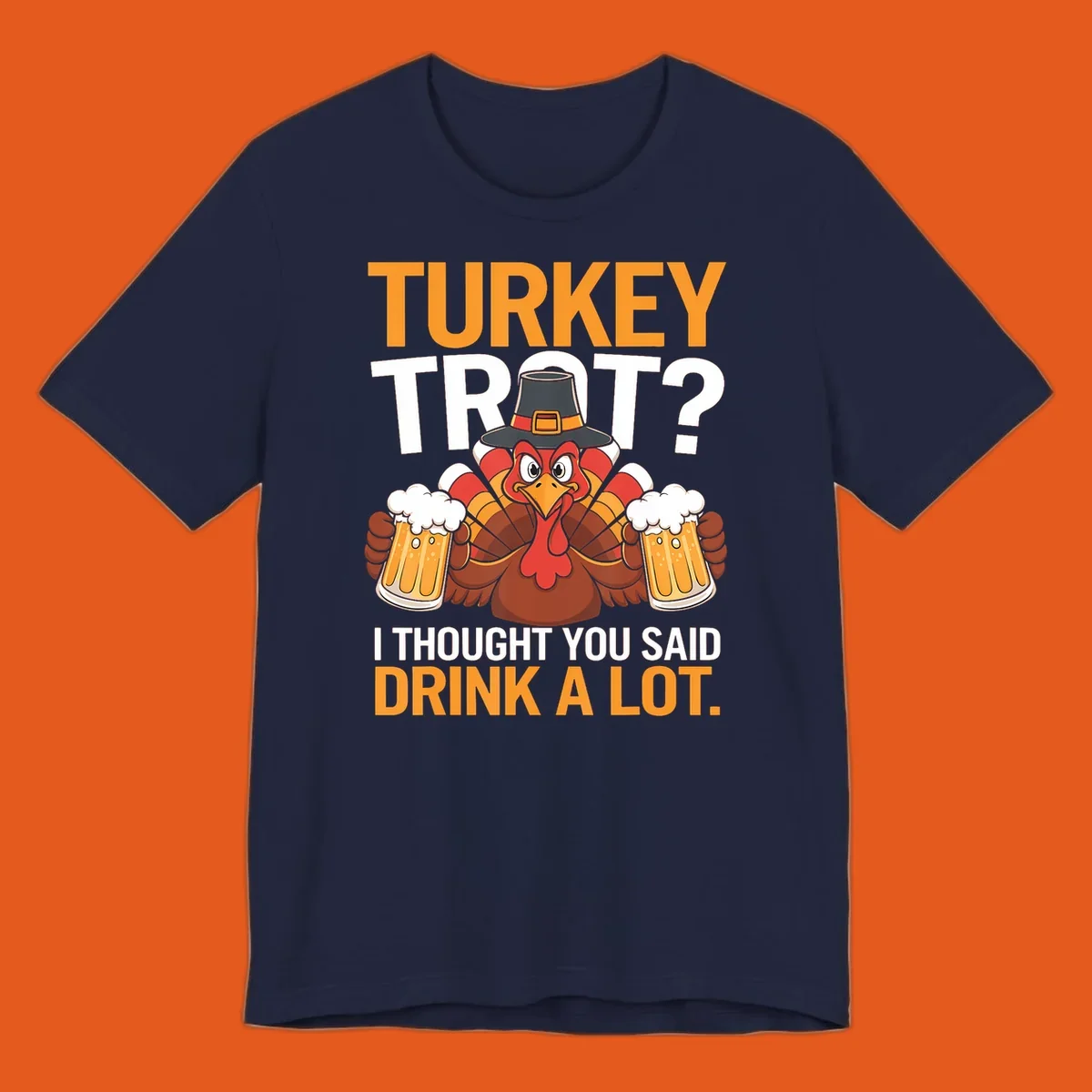 Funny turkey trot beer drinking thanksgiving shirt with a cartoon turkey holding beer.