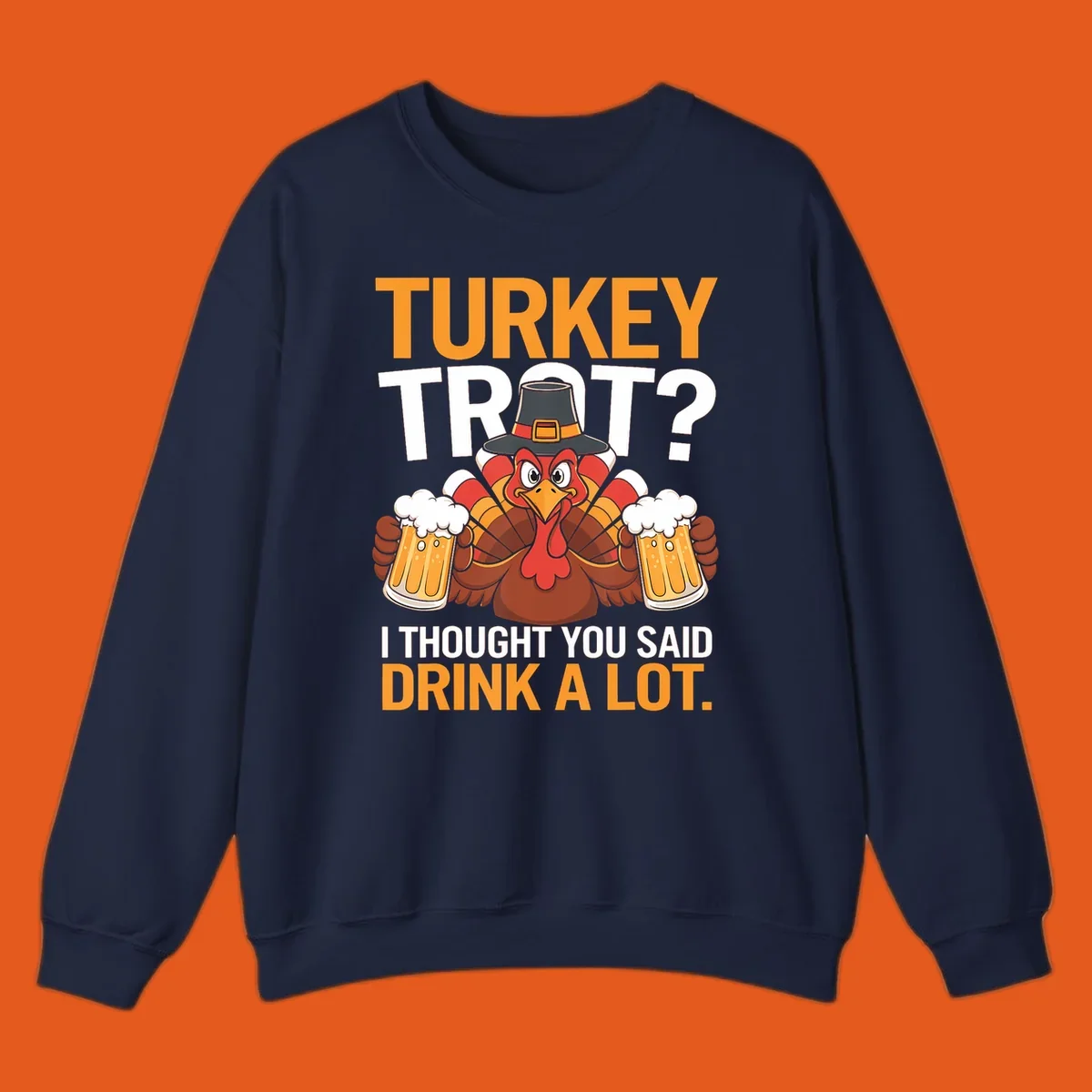 Funny turkey trot beer drinking thanksgiving shirt with a cartoon turkey holding beer.