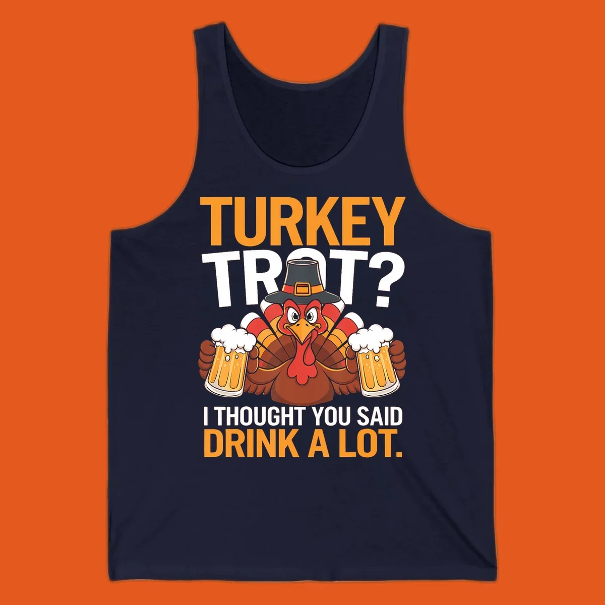 Funny turkey trot beer drinking thanksgiving shirt with a cartoon turkey holding beer.