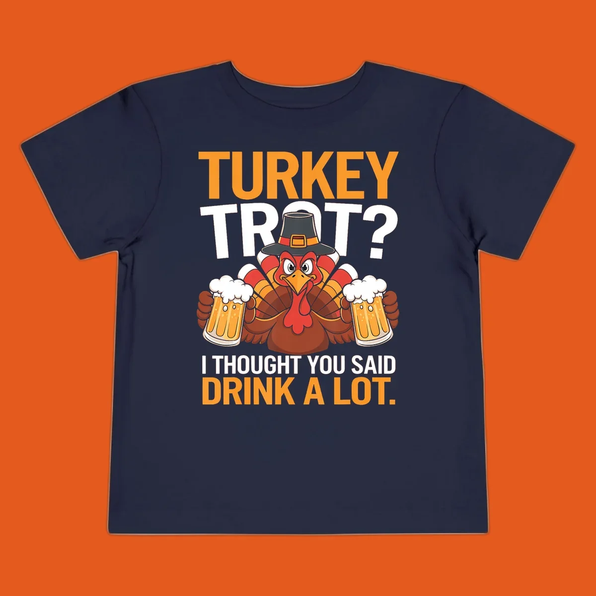 Funny turkey trot beer drinking thanksgiving shirt with a cartoon turkey holding beer.