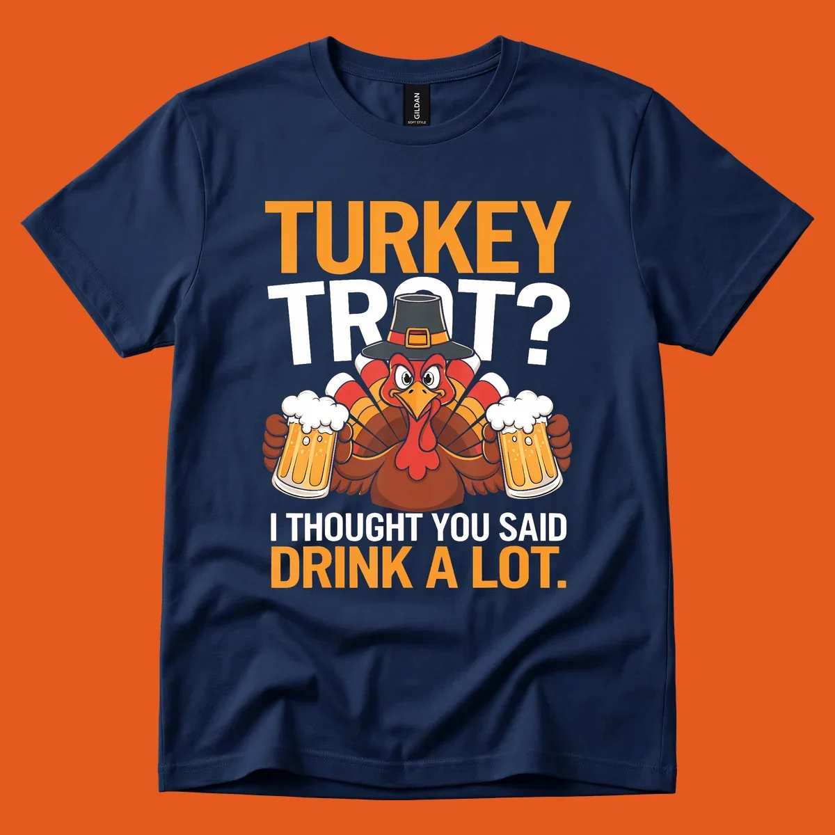 Funny turkey trot beer drinking thanksgiving shirt with a cartoon turkey holding beer.
