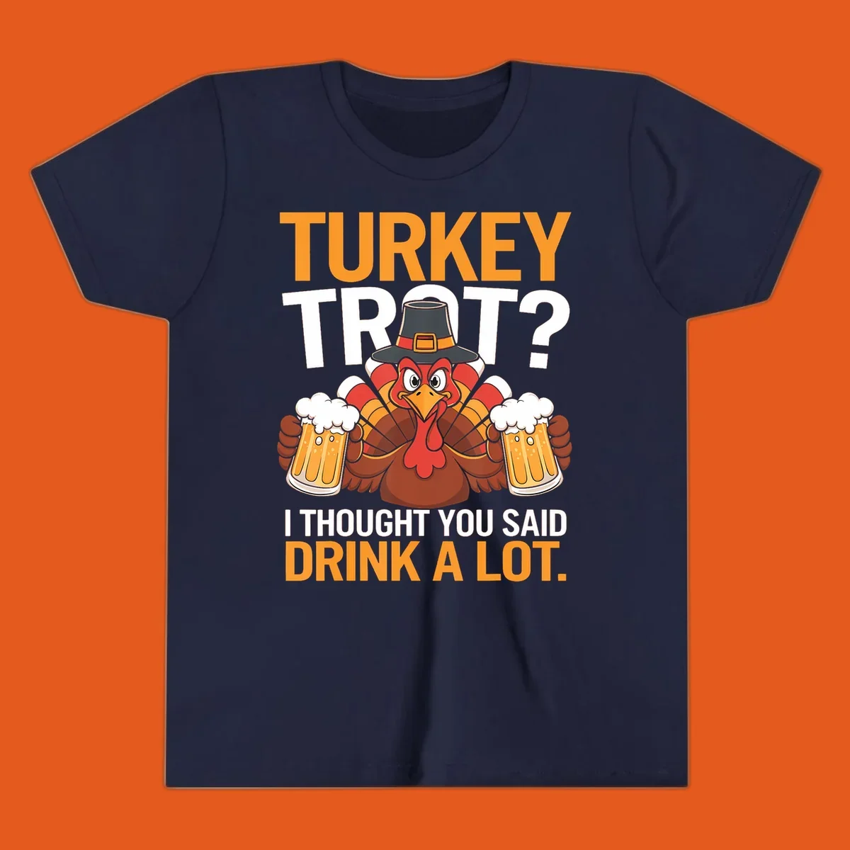 Funny turkey trot beer drinking thanksgiving shirt with a cartoon turkey holding beer.
