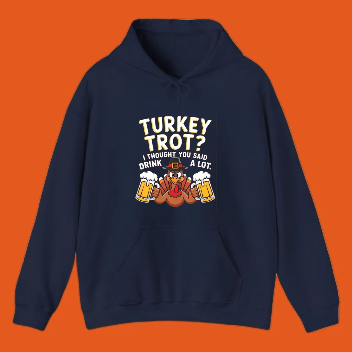 Turkey Trot Drink A Lot design with a pilgrim turkey holding beer mugs.