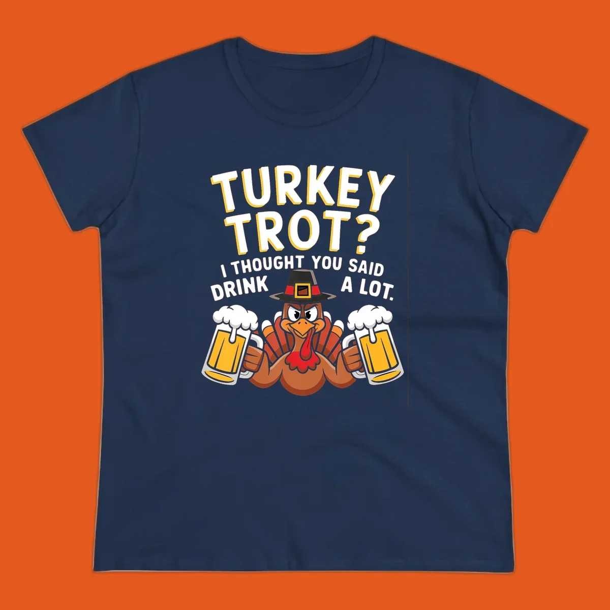 Turkey Trot Drink A Lot design with a pilgrim turkey holding beer mugs.