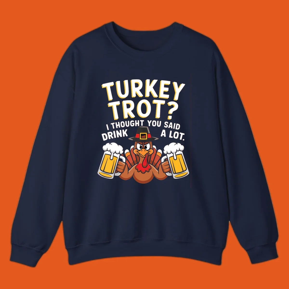 Turkey Trot Drink A Lot design with a pilgrim turkey holding beer mugs.