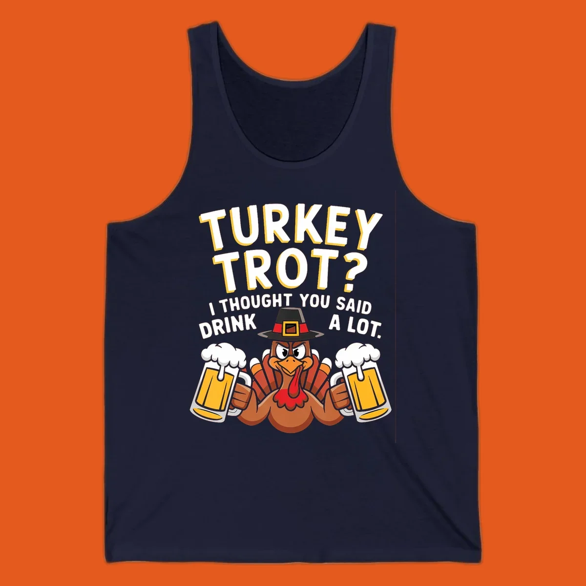 Turkey Trot Drink A Lot design with a pilgrim turkey holding beer mugs.