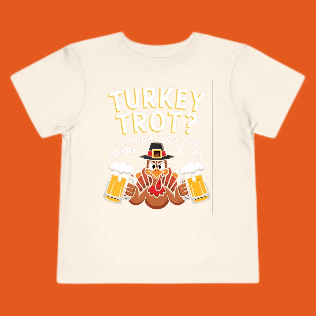 Turkey Trot Drink A Lot design with a pilgrim turkey holding beer mugs.