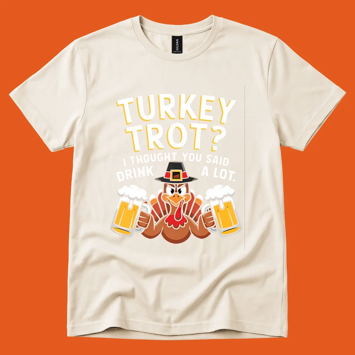 Turkey Trot Drink A Lot design with a pilgrim turkey holding beer mugs.