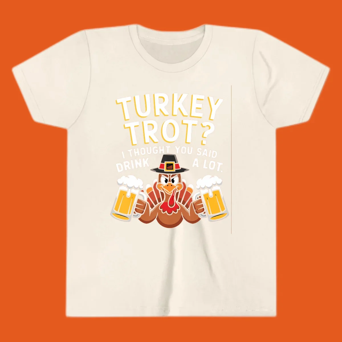 Turkey Trot Drink A Lot design with a pilgrim turkey holding beer mugs.