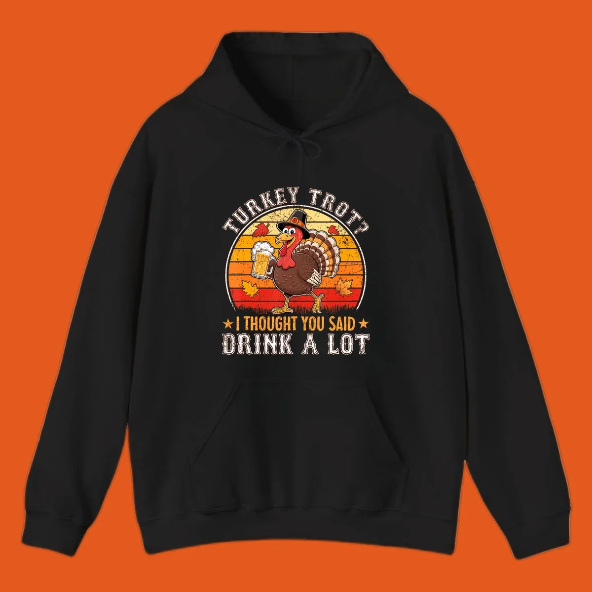 Turkey Trot Drink A Lot Design: Cartoon turkey in pilgrim hat holding beer, with text about drinking.