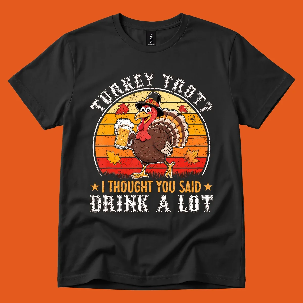 Turkey Trot Drink A Lot Design: Cartoon turkey in pilgrim hat holding beer, with text about drinking.