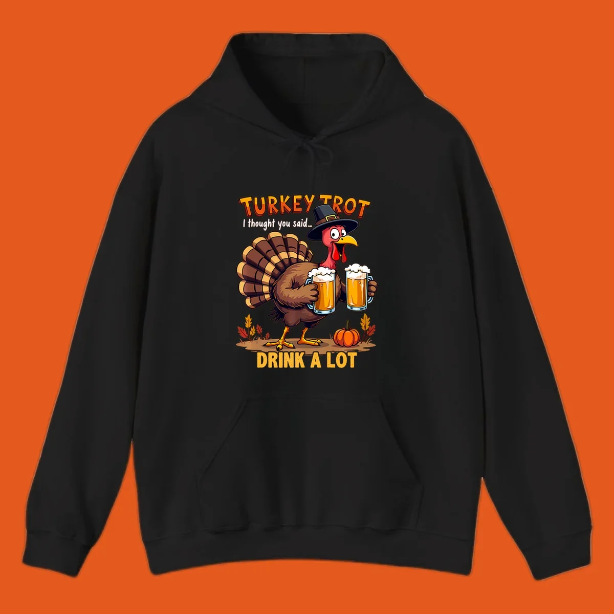 Cartoon turkey holding beer mugs with text 'Turkey Trot' and 'Drink A Lot'.