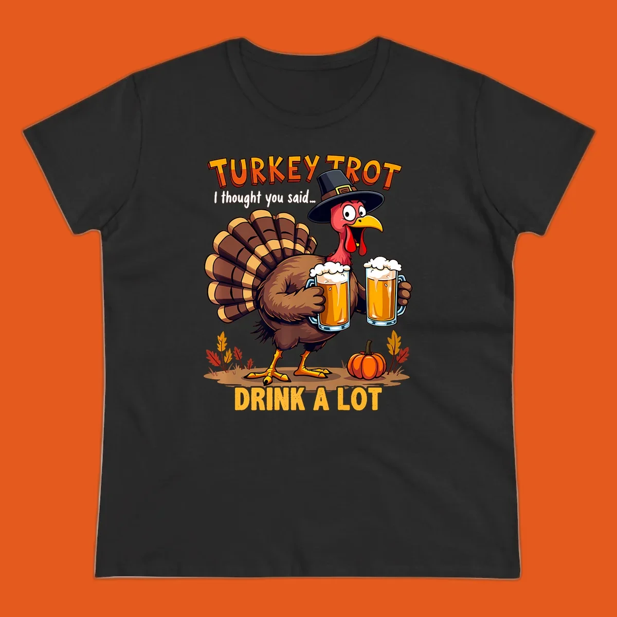 Cartoon turkey holding beer mugs with text 'Turkey Trot' and 'Drink A Lot'.