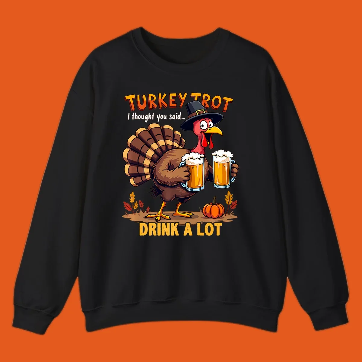 Cartoon turkey holding beer mugs with text 'Turkey Trot' and 'Drink A Lot'.